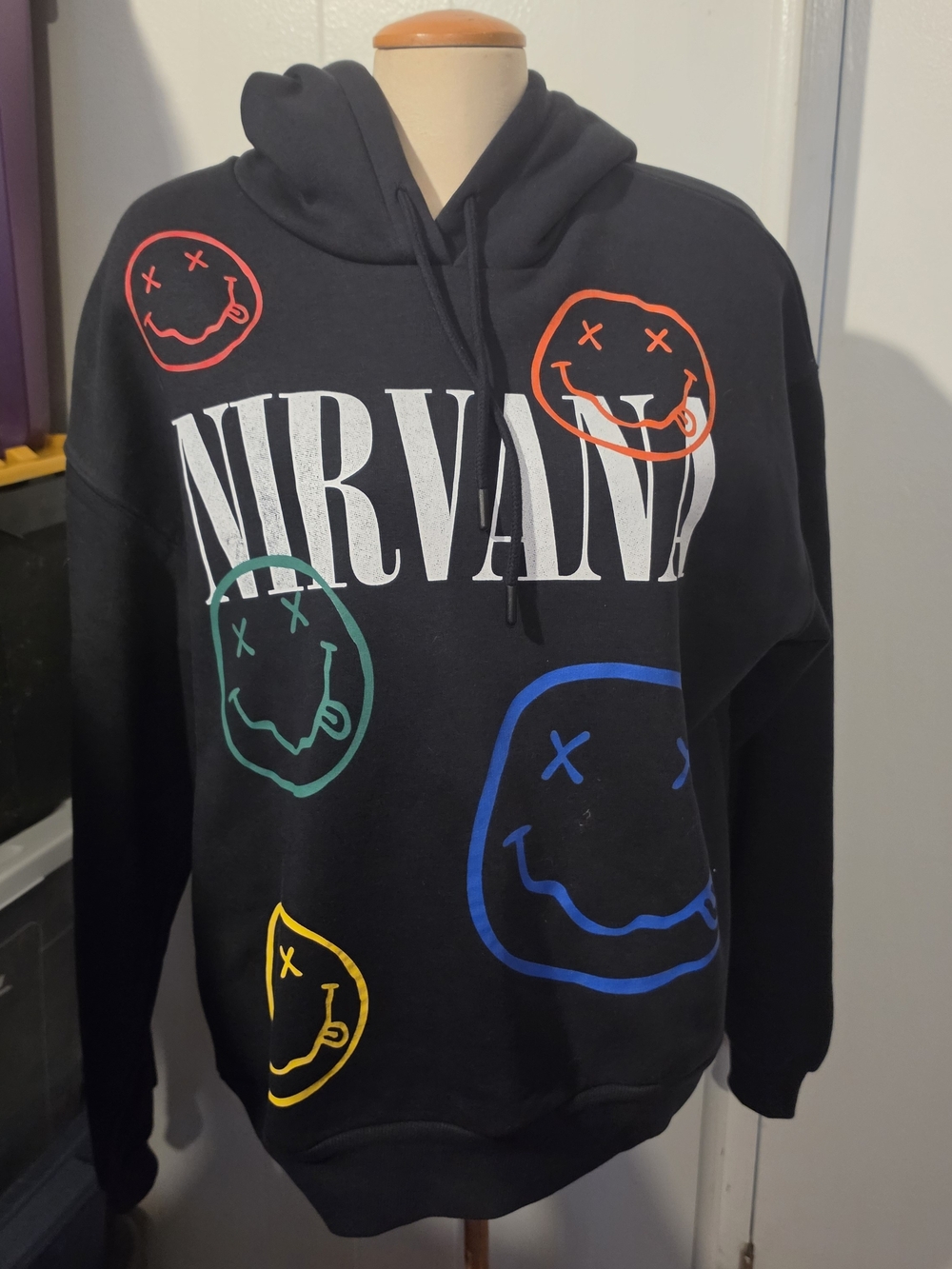 Nirvana Black Graphic Hoodie with Multicolor Smiley Prints